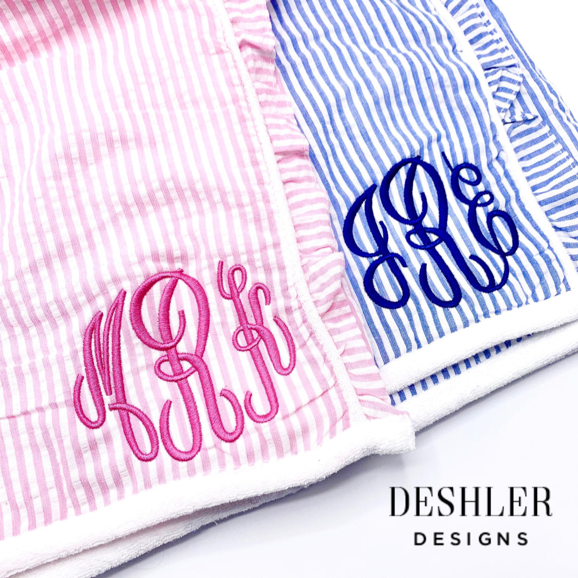 Monogrammed Seersucker Spa Wraps - Navy, White, Pink