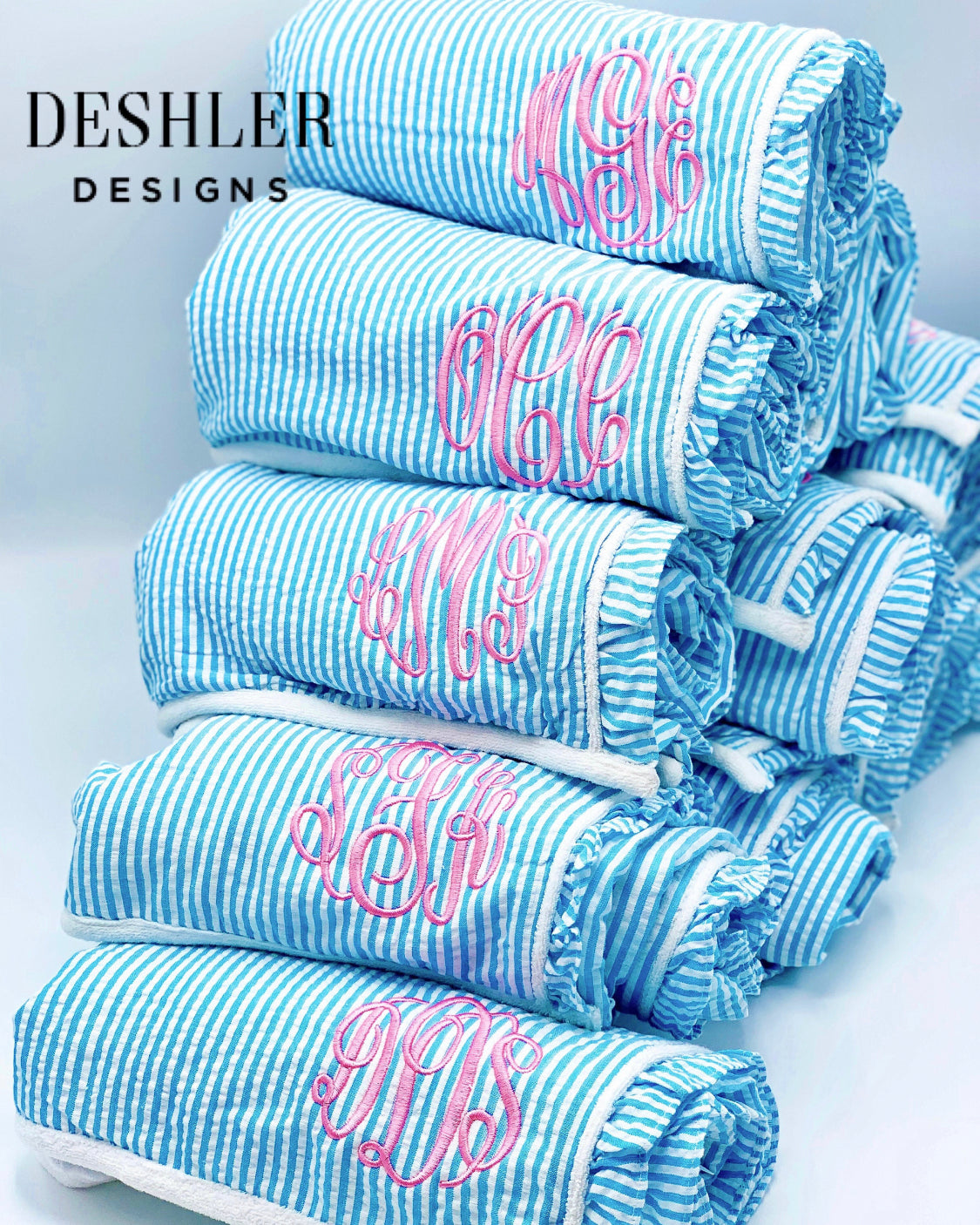 Monogrammed Seersucker Spa Wraps - Navy, White, Pink