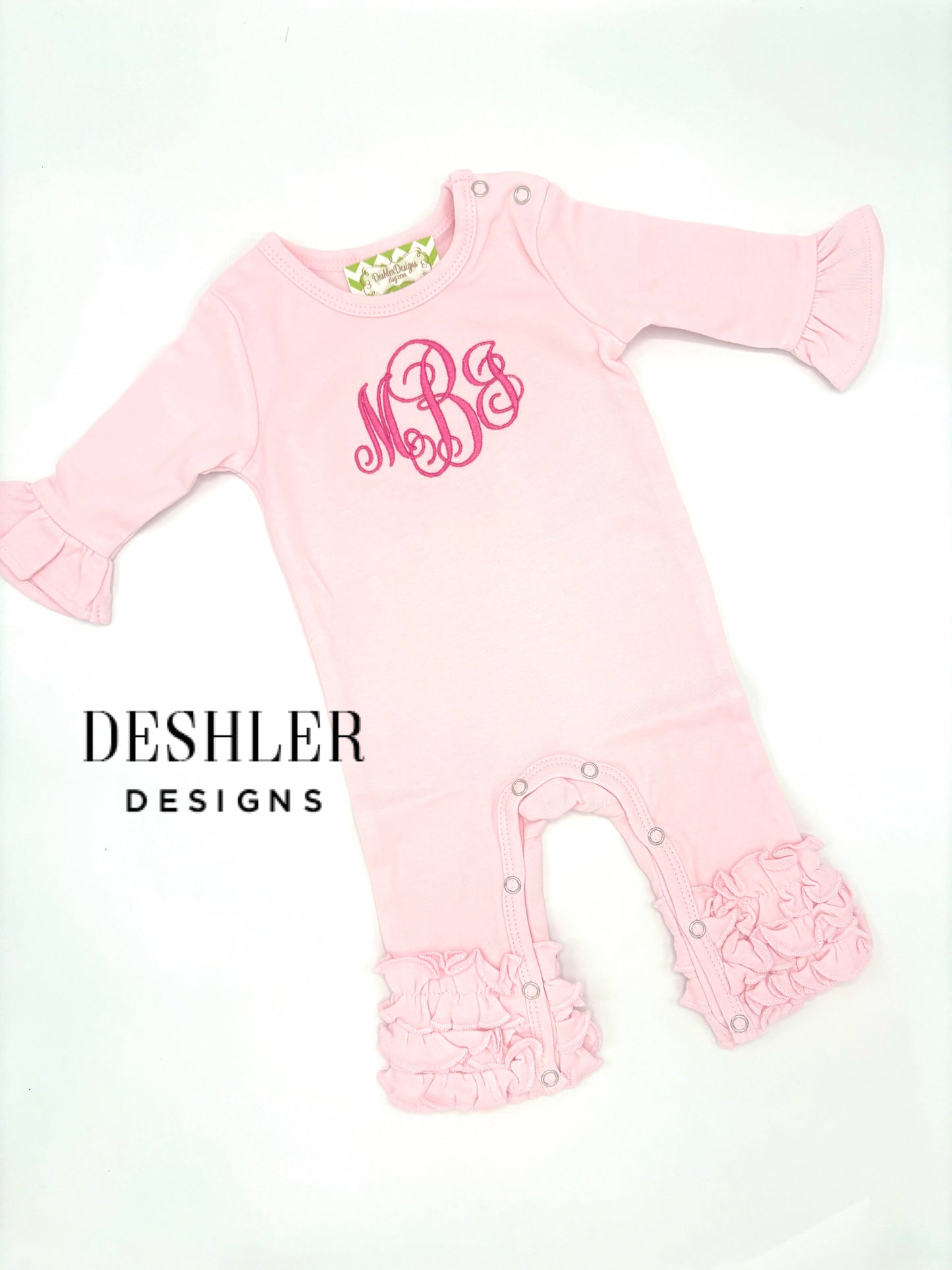 Girls Monogram Long Ruffle Romper