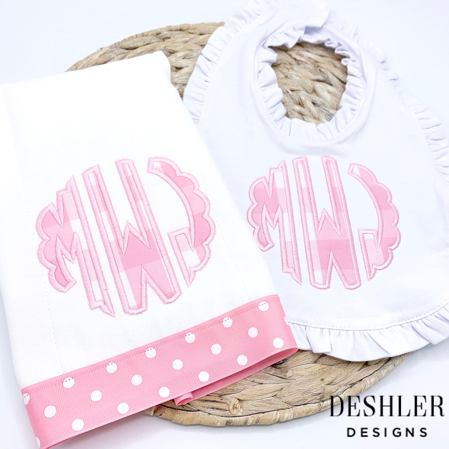 Scallop Appliqué Monogram Bib & Burp Set