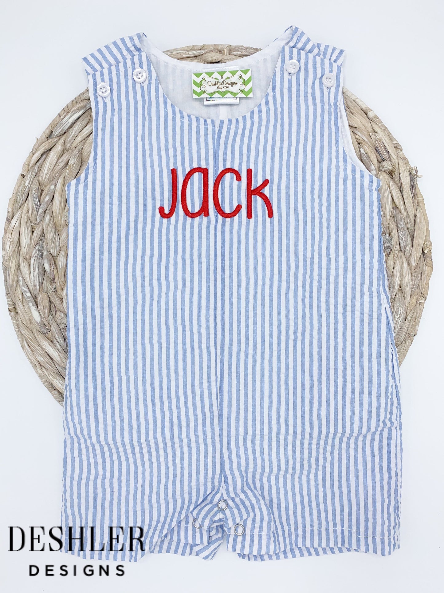 Seersucker Jon Jons, Monogram Jon Jons, Jon Jons, boys shortalls, Boys overalls, shortalls, boys jon jons, seersucker shortalls, boy outfit