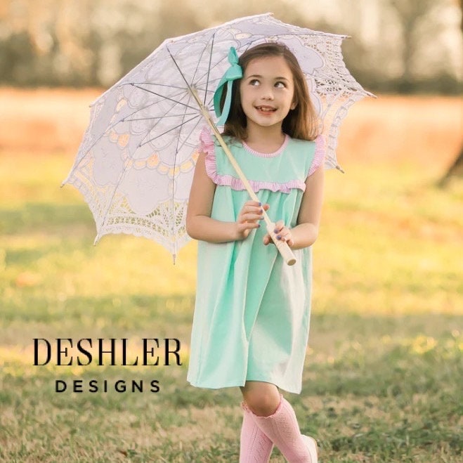 Girls Monogram Dress - Mint with Pink Ruffle Trim