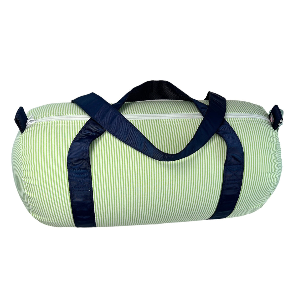 Grasshopper Seersucker Medium Duffel Bag - Green Seersucker with Navy Accents