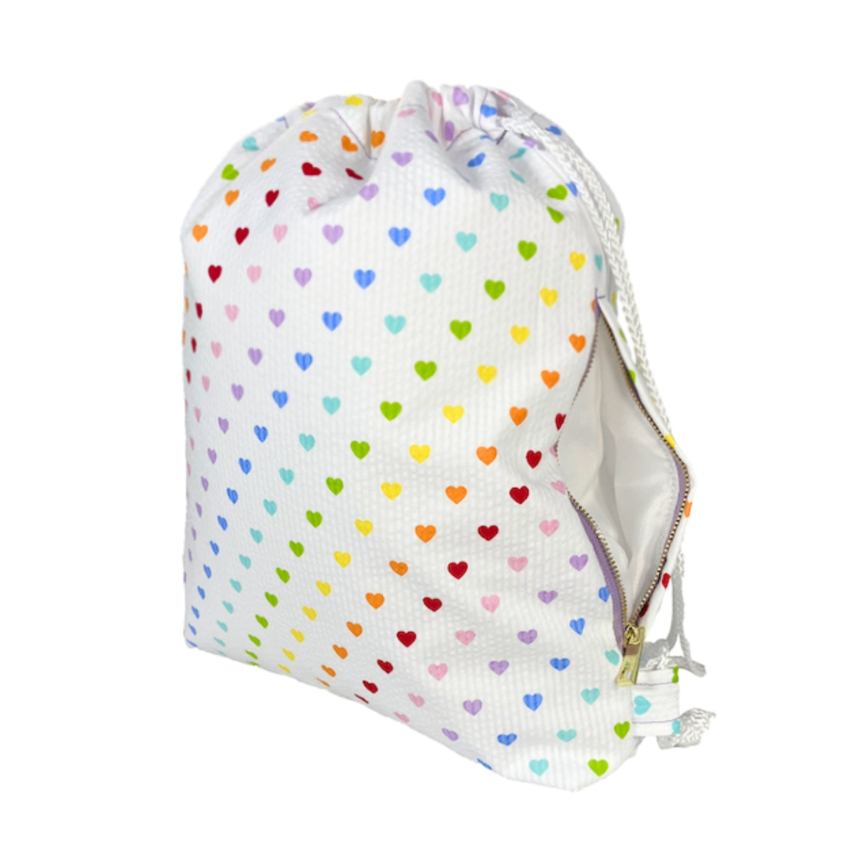 Tiny Hearts Drawstring Bag - Seersucker Sling Backpack