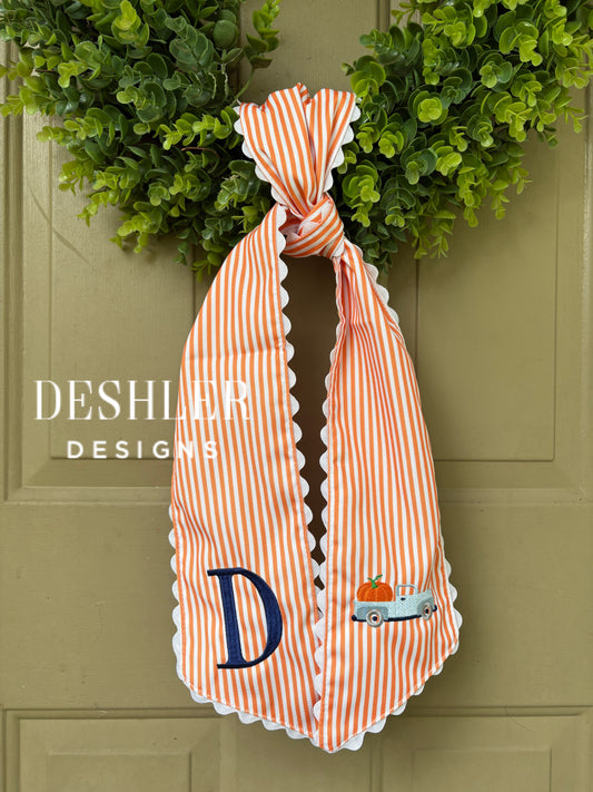 Fall Wreath Sash - Orange Stripe with Pumpkin Truck
