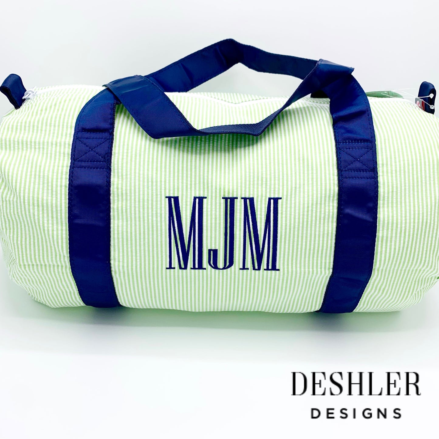 Grasshopper Seersucker Medium Duffel Bag - Green Seersucker with Navy Accents