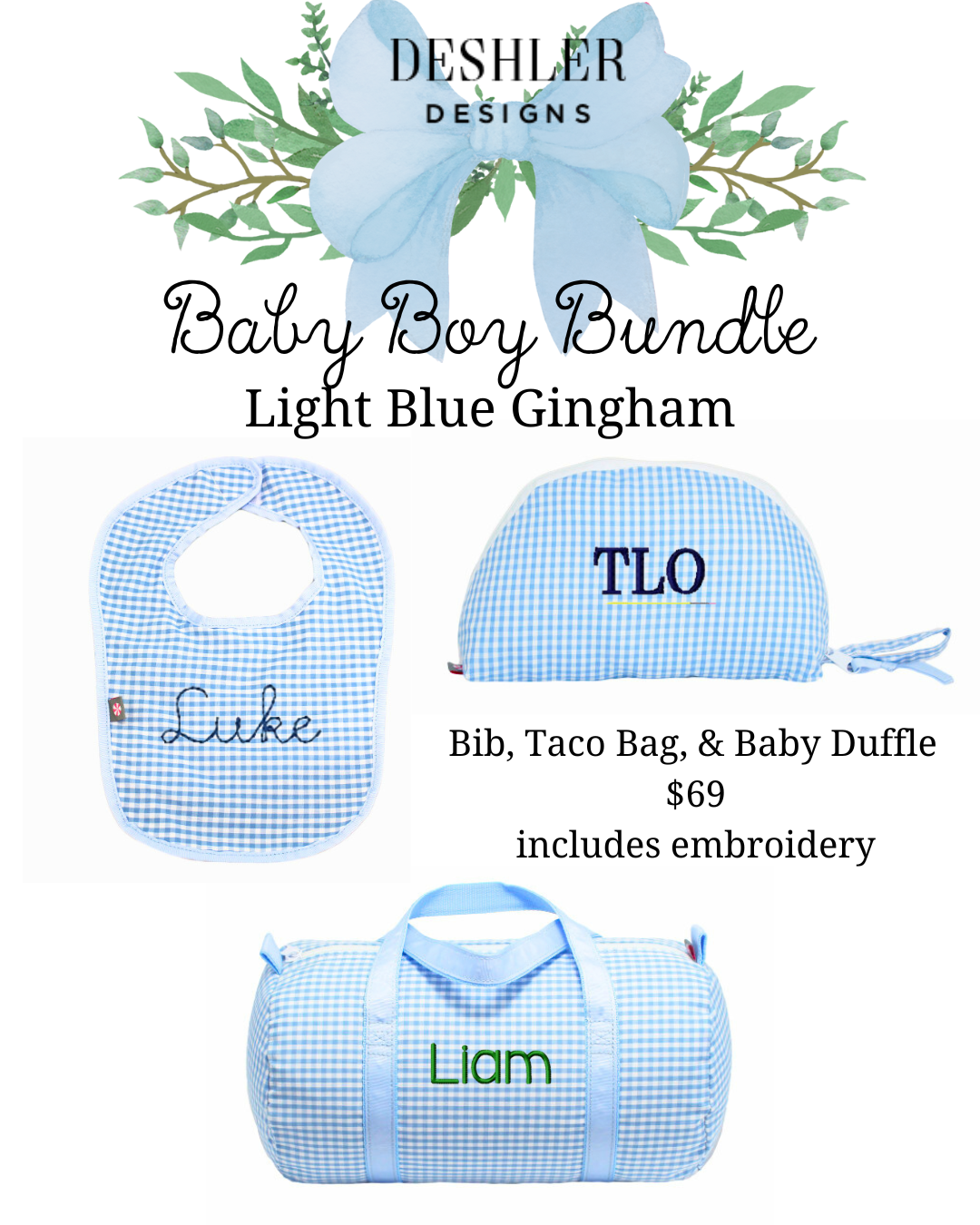 3 piece Baby Boy Bundle: Light Blue Gingham