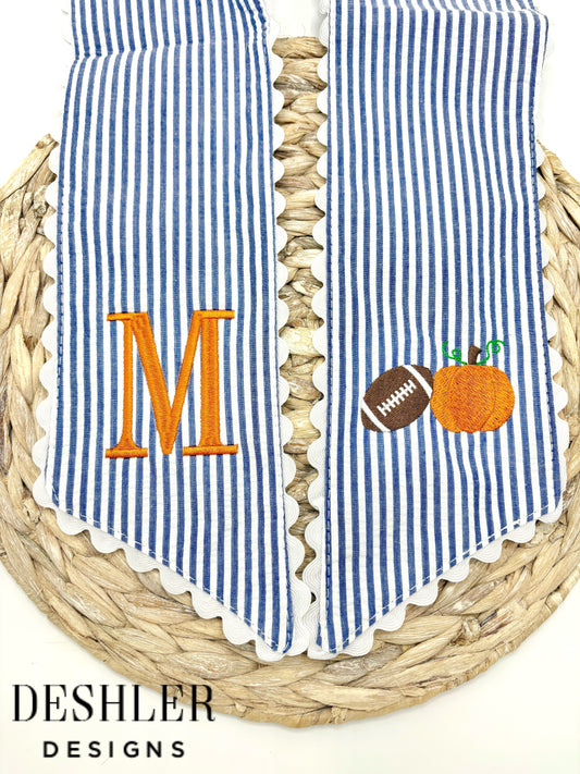 Fall Wreath Sash - Navy Stripe with Pumpkin and Football