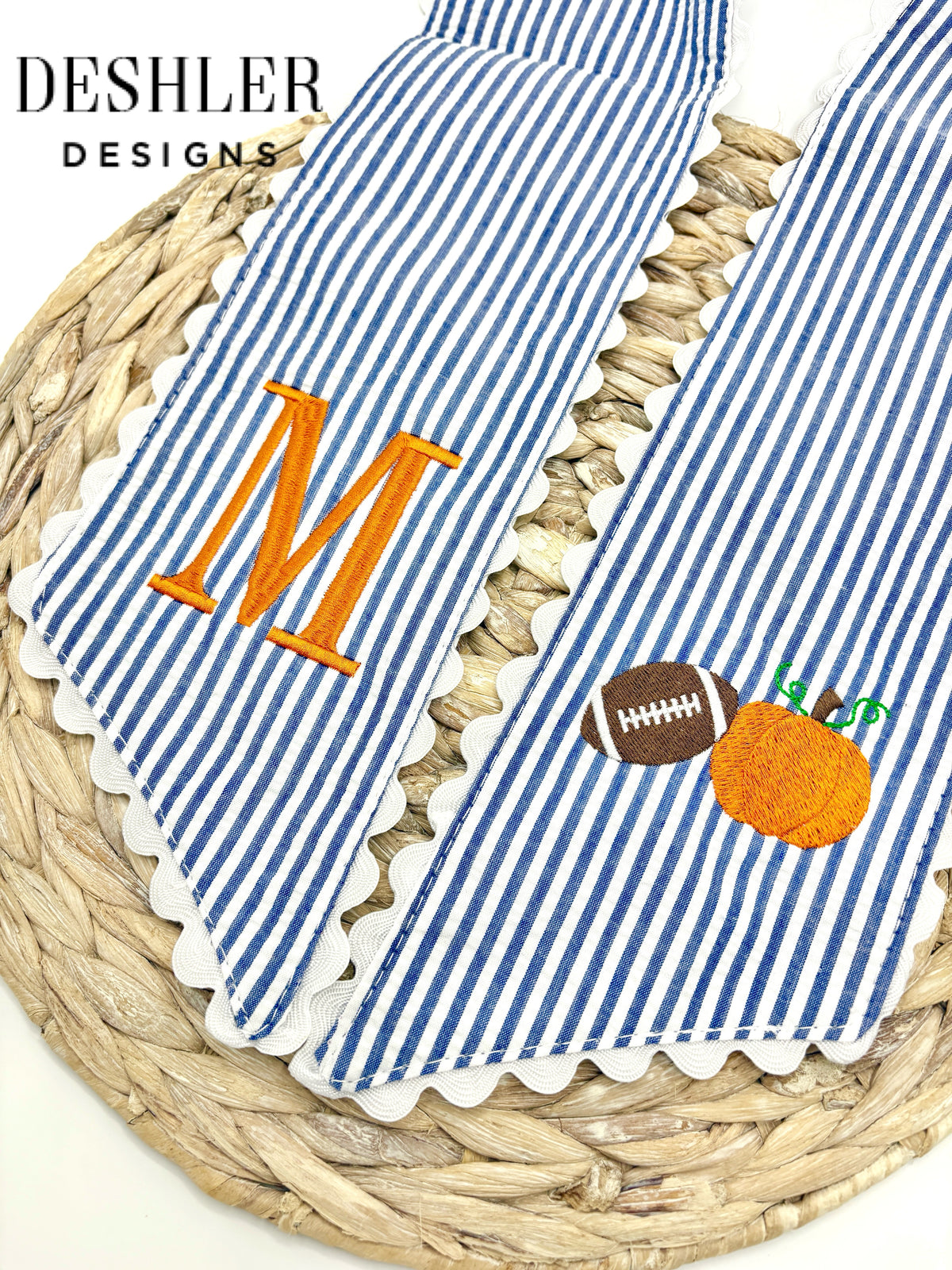 Fall Wreath Sash - Navy Stripe with Pumpkin and Football