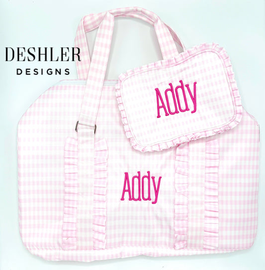 Pink Gingham Duffle Bag, Baby Girl Duffel Bag, Girls Monogram Overnight Bag, Baby girl luggage bag, girls Monogram Duffle, monogram duffel