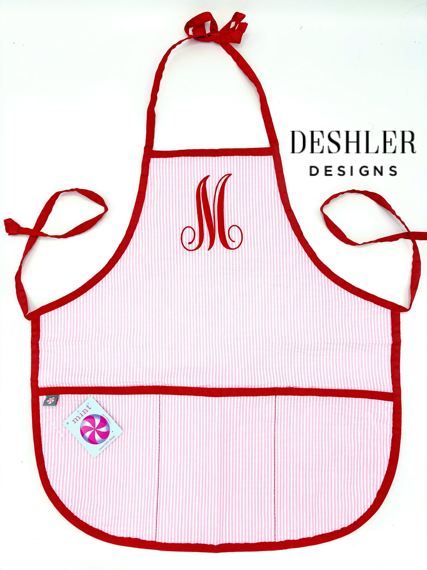 Kids Monogram Apron - Pink and Red Seersucker
