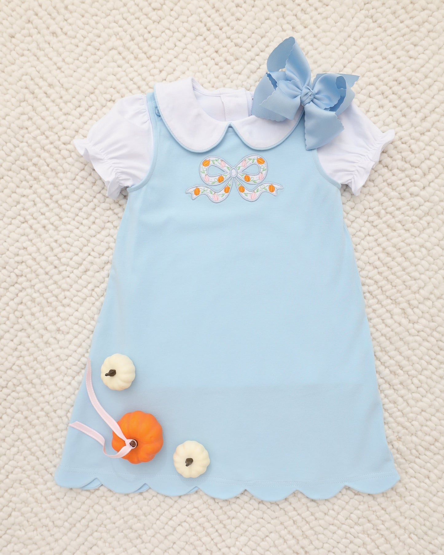 Pumpkin Bow Scallop Jumper Set with Peter Pan Collar Top