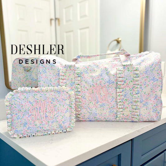 Floral Duffle Bag + Floral Ruffle Cosmetic Bag