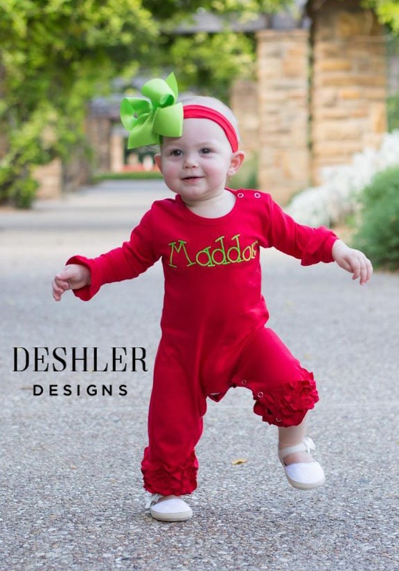 Girls Monogram Long Ruffle Romper