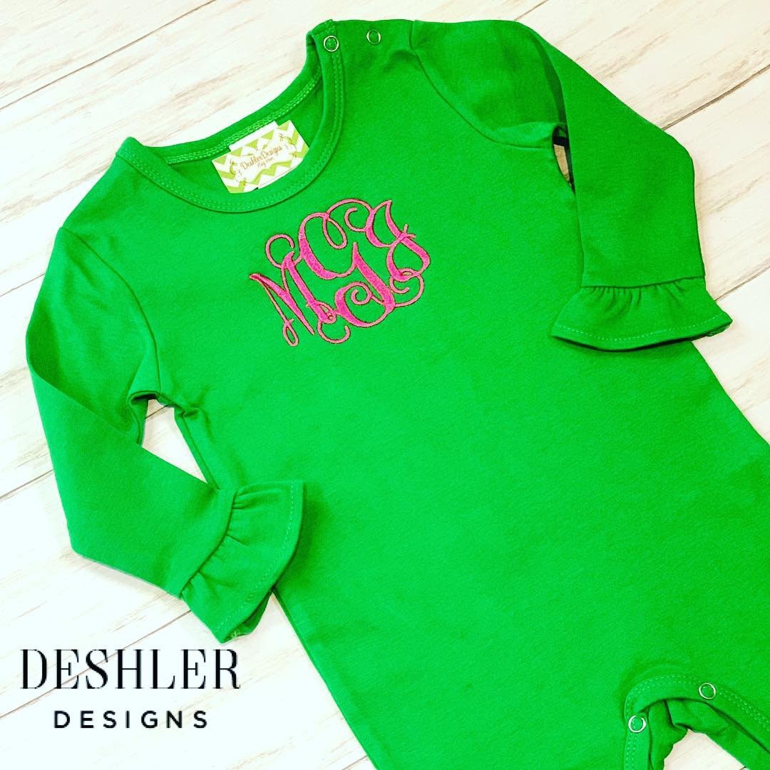 Girls Monogram Long Ruffle Romper