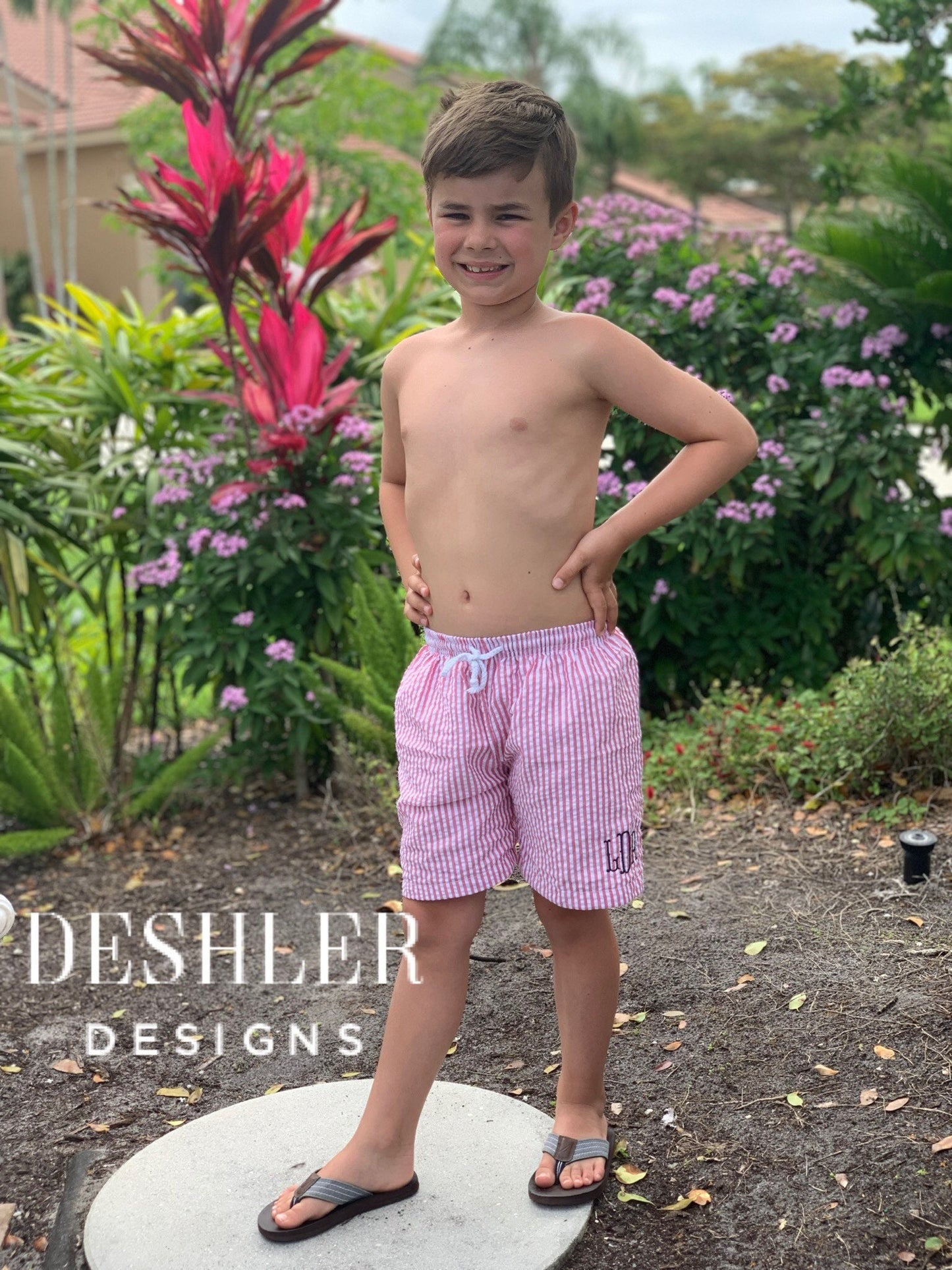 Monogram Seersucker Swim Trunks