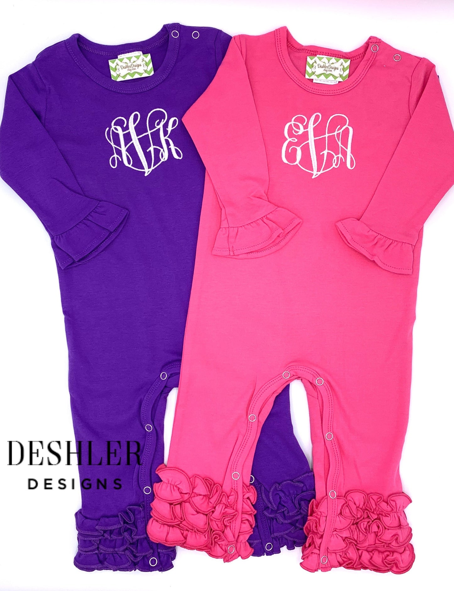 Girls Monogram Long Ruffle Romper