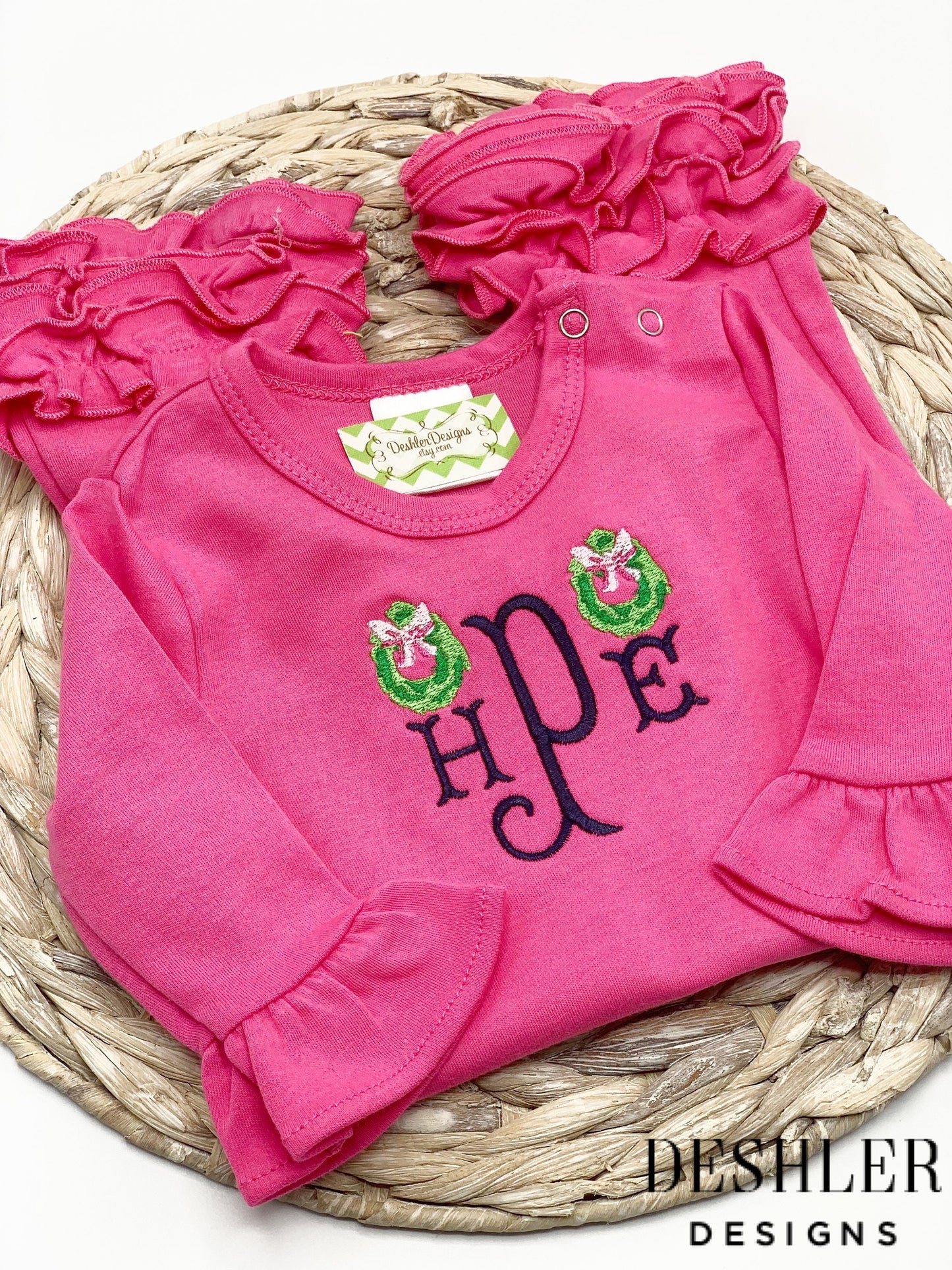 Pink Christmas Wreath Ruffle Romper